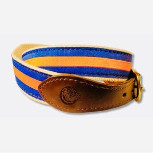 Jardine Ribbon Belt Orange and Blue Stripes with Beige Canvas and Brown Leather